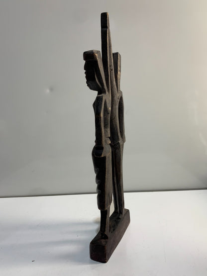 Haitian Wood Carved Figure of Man & Woman 13.5" Tall Vintage Wooden Statue Pair