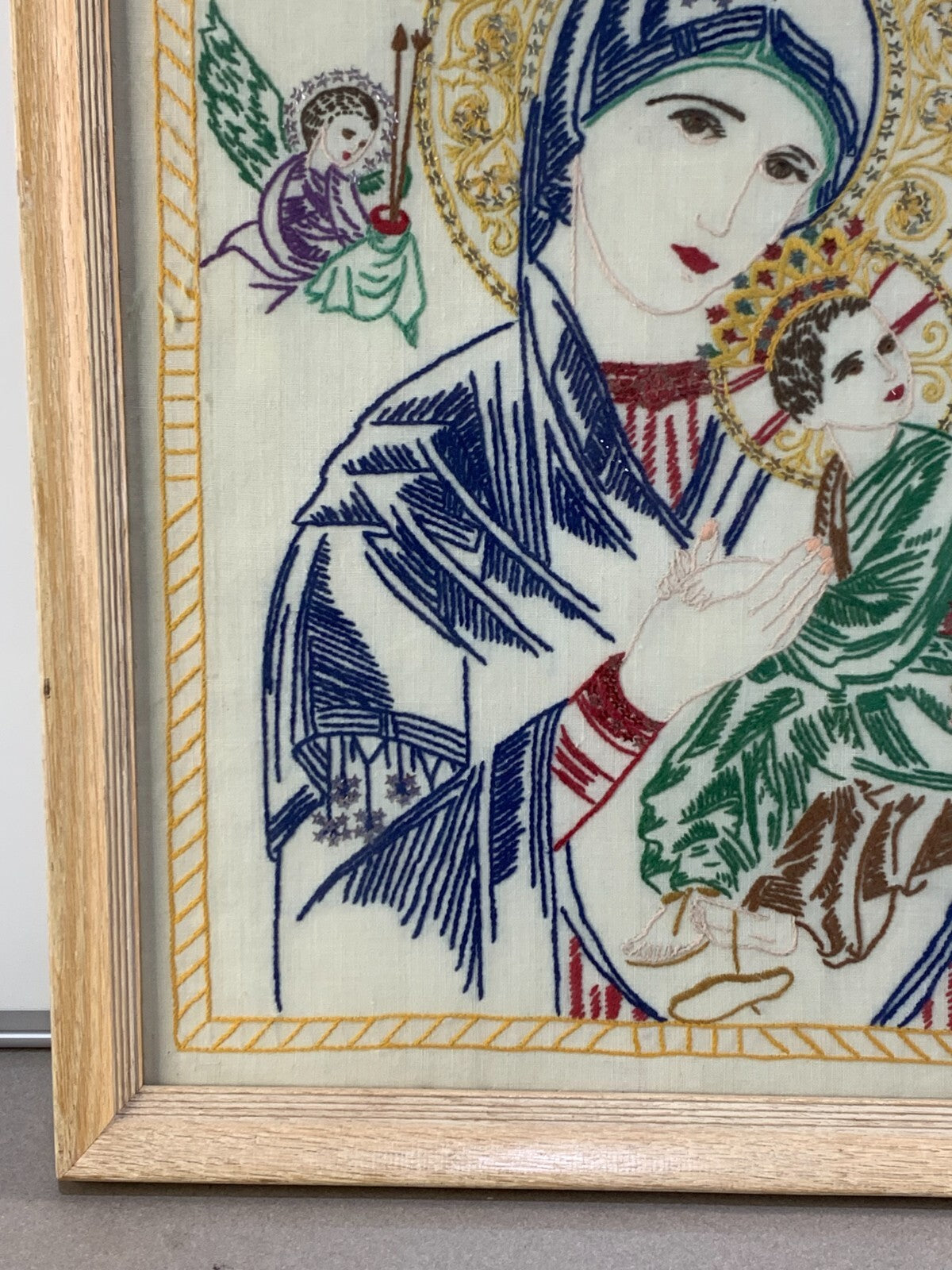 ANTIQUE EARLY 20TH CENTURY RUSSIAN RELIGIOUS ICON "MOTHER OF GOD" NEEDLEPOINT