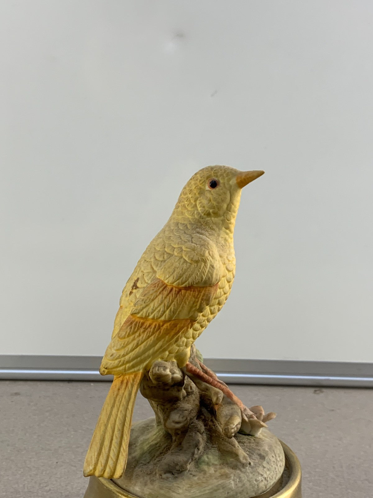 Vintage Yellow Ceramic Canary Bird On Branch Figurine Music Box