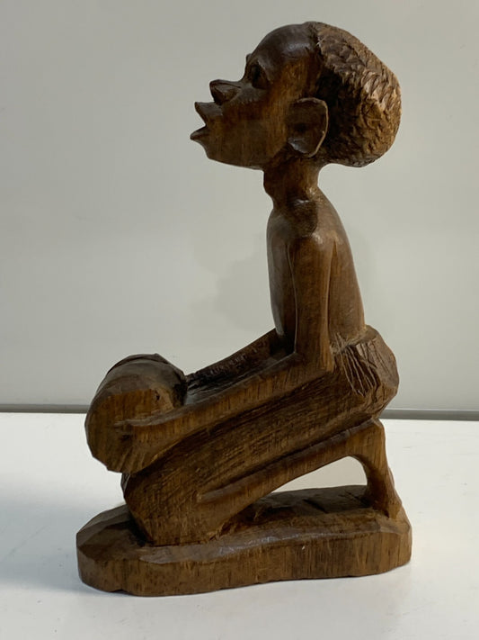 Vtg Hand Carved Wood Man Playing Bongo Drum African Folk Statue Sculpture