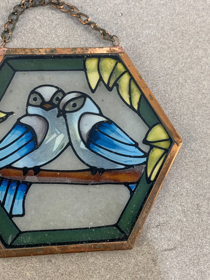 Vintage Octagon Shaped Stained Glass Owls on a Branch Suncatcher