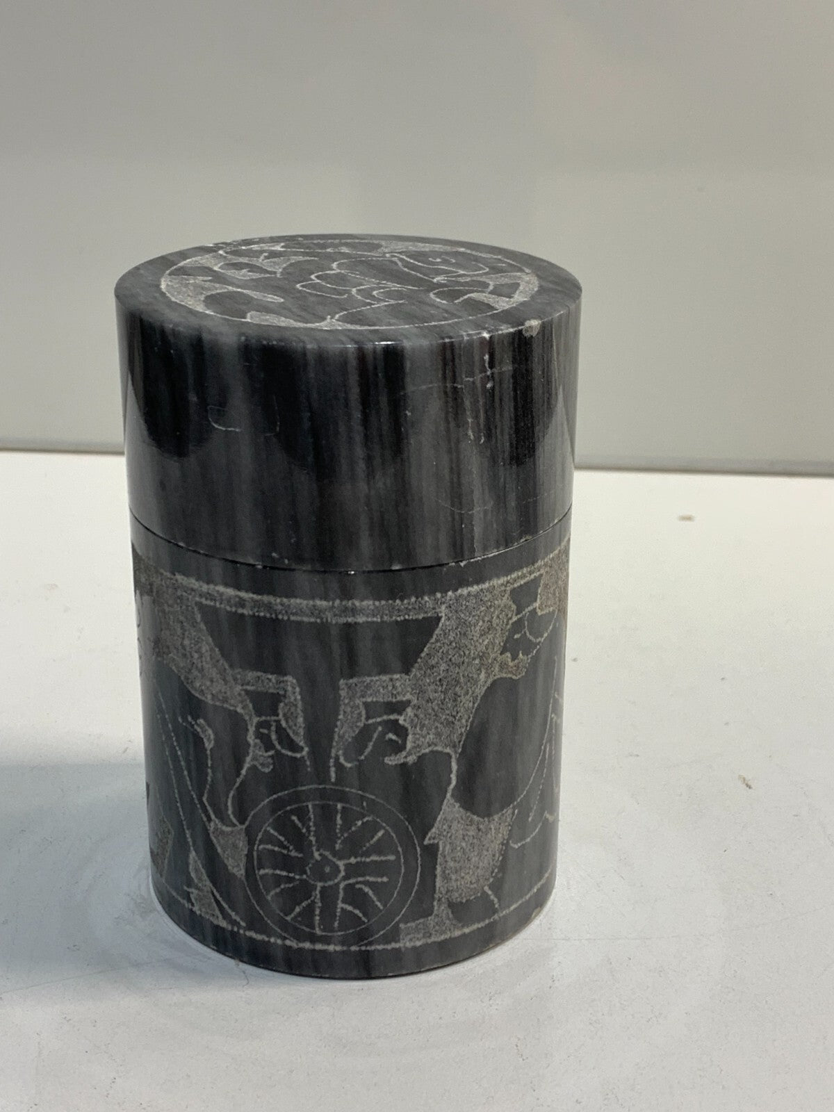 Vintage Collectible Black & White Carved Marble Jar