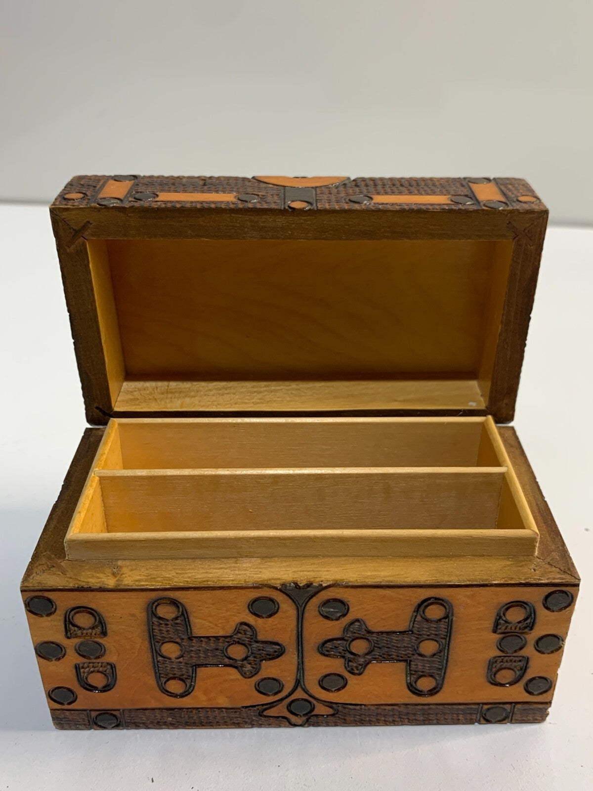 Vintage Wooden Folk Art Document Box - Pyrography