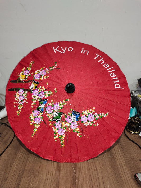 Vintage Japanese Hand Painted - Kyo In Thailand - Umbrella Rice Paper Bamboo