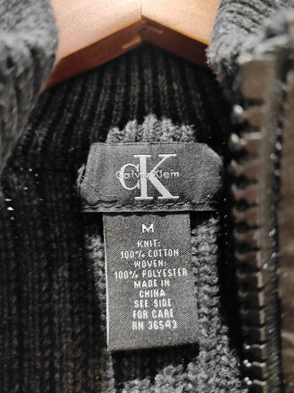 Calvin Klein Men's M Ribbed Woven 100% Cotton Knit Zip Up Navy Sweater