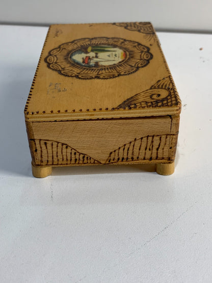 Antique Wooden Box with Hinged Lid, has a beautiful art on top.