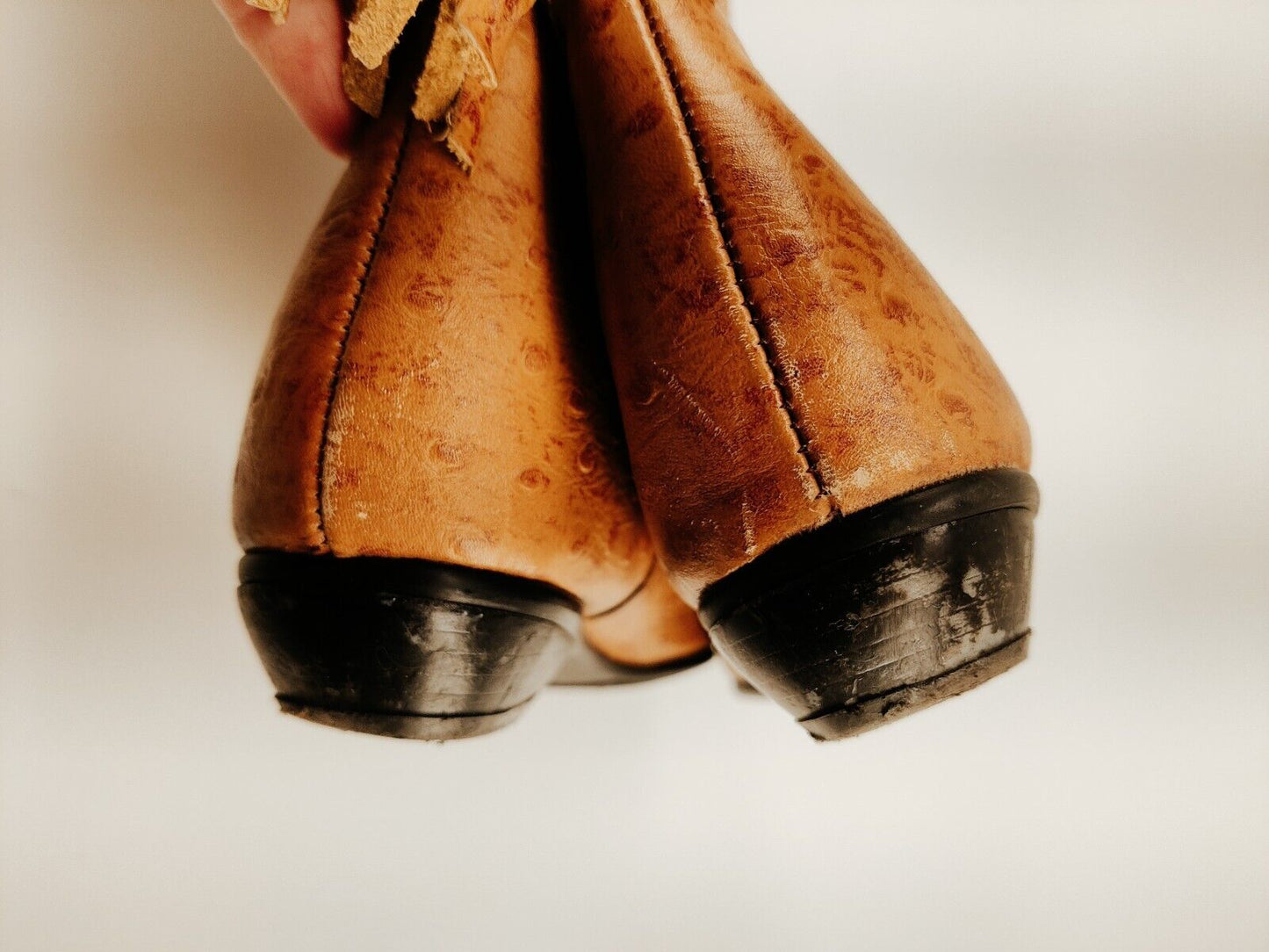 Vintage Cougar Tan Ostrich Leather Fringe Boots Women's Size 7.5