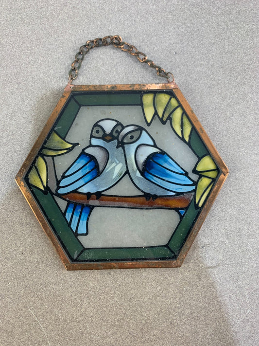 Vintage Octagon Shaped Stained Glass Owls on a Branch Suncatcher