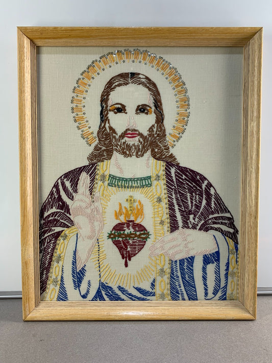 Vintage Jesus Sacred Heart Embroidery Unique Rare Art Folk Religious Outsider