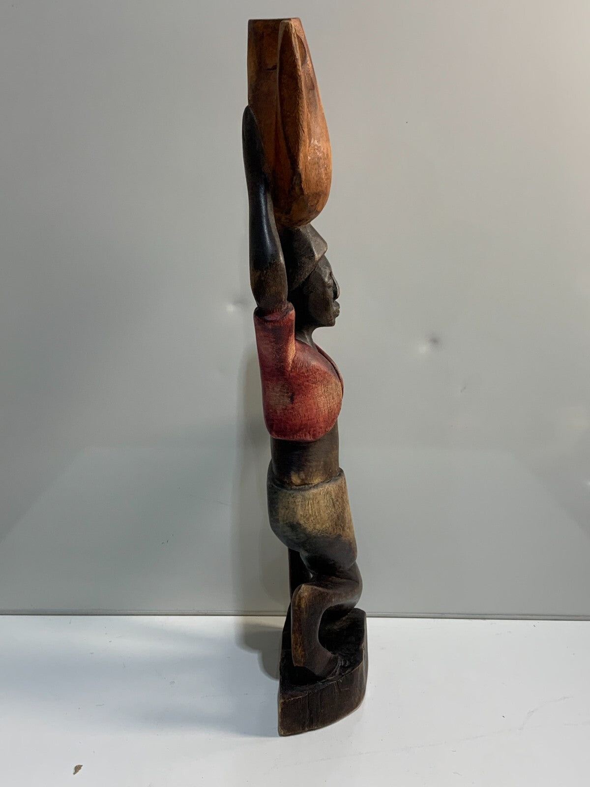 Vintage Hand Carved Wood Figure of Kneeling African Native Woman Holding Basket