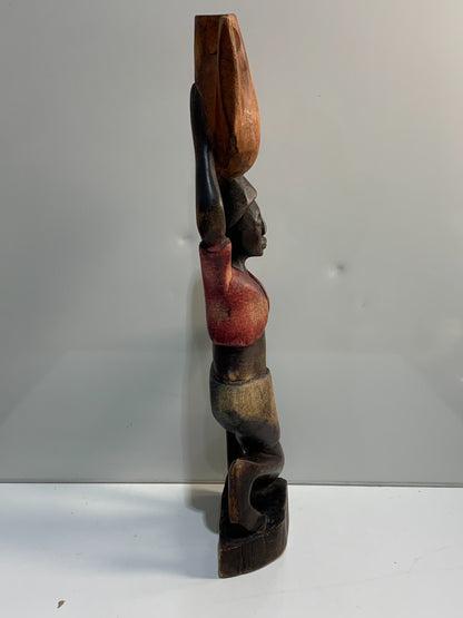 Vintage Hand Carved Wood Figure of Kneeling African Native Woman Holding Basket