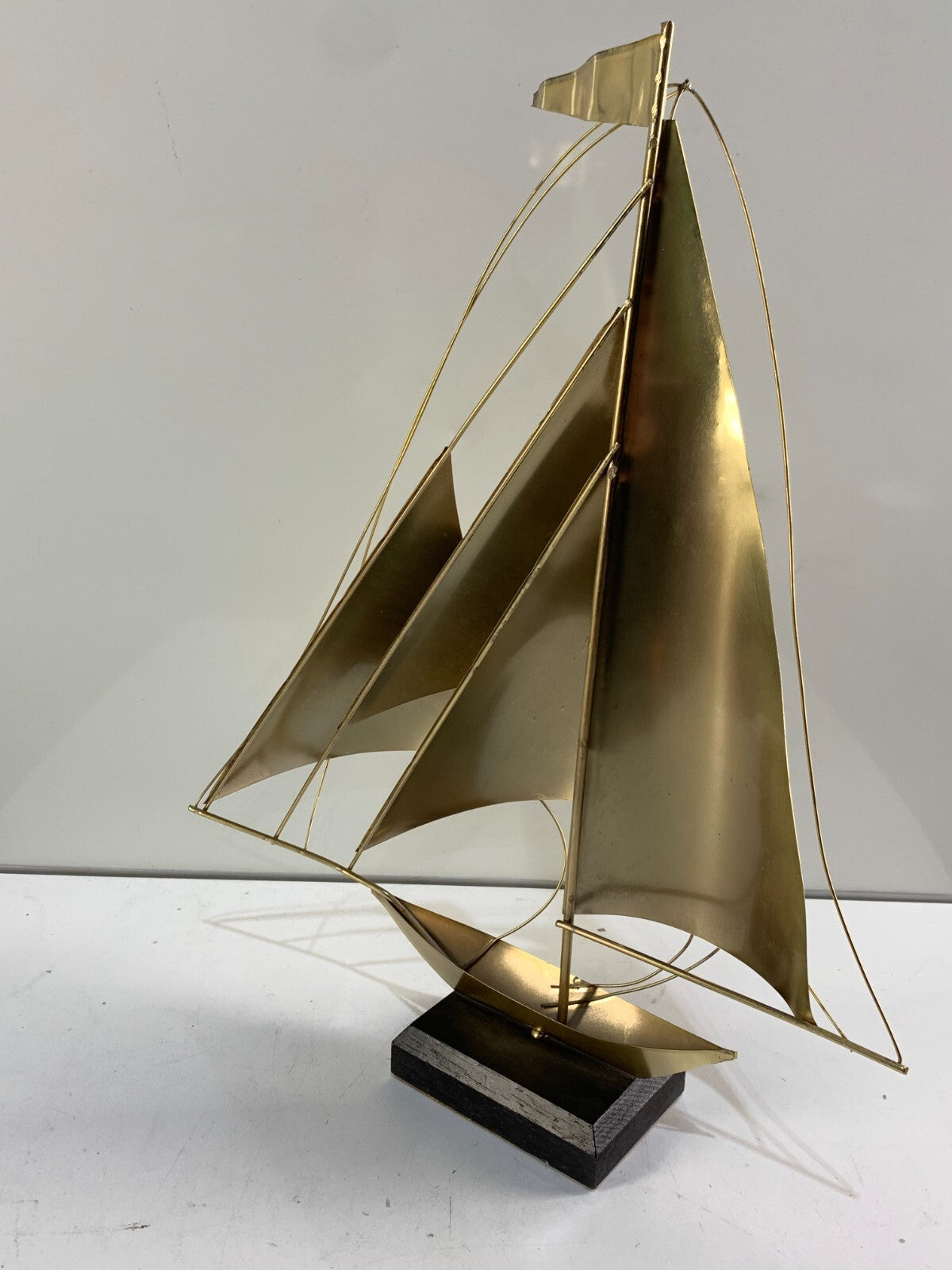 Brass Sailboat Nautical Art Marble Base Wire & Sheet Metal Art Boat