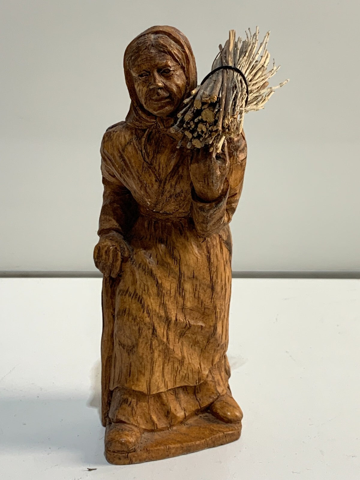 Vintage Black Forest Hand carved wooden Figure of a Old lady carrying firewood