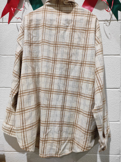 Women's Shacket Jacket Flannel Beige Brown Oversized Fall Long Sleeve 3XL