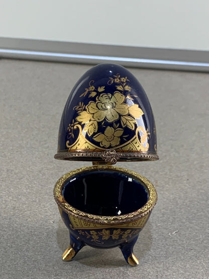 Floral AKM Vintage Porcelain Blue Egg Footed Trinket Box