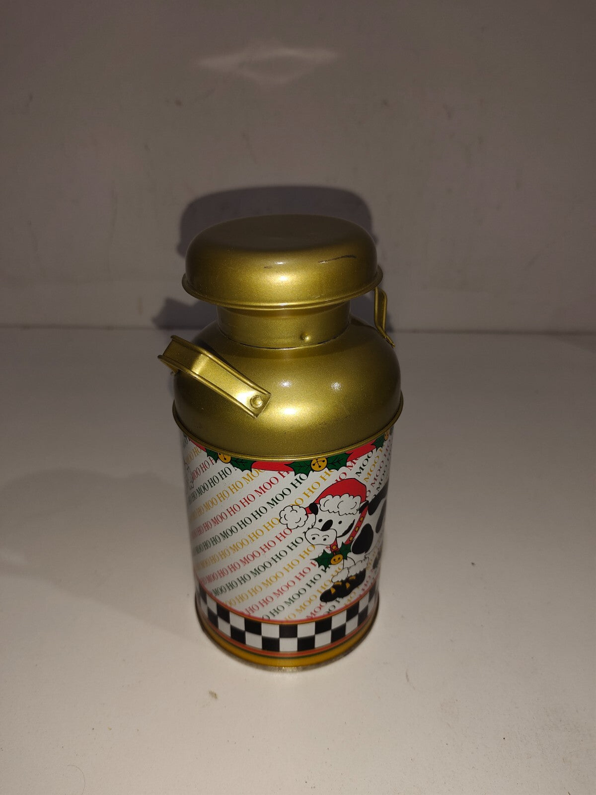 Christmas Cow Ho Ho MOO Holiday Decorated 7 1/2" Metal Milk Can