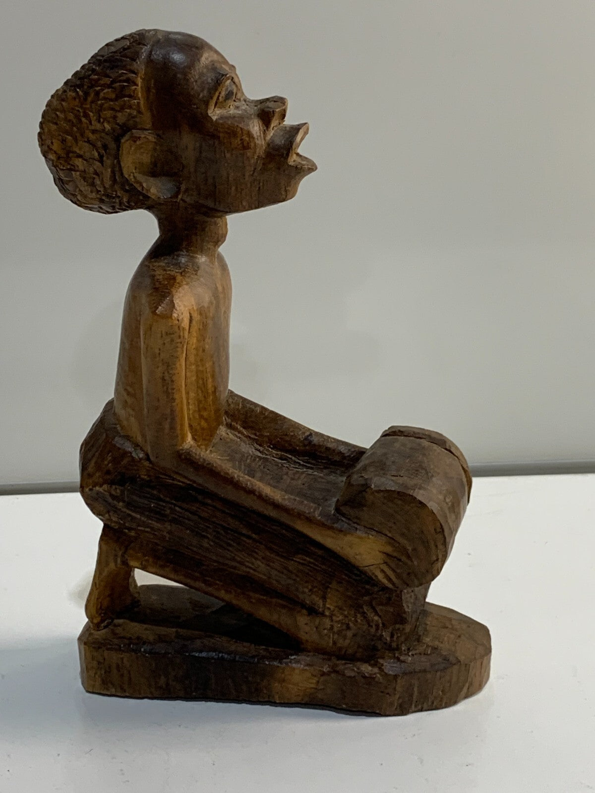 Vtg Hand Carved Wood Man Playing Bongo Drum African Folk Statue Sculpture