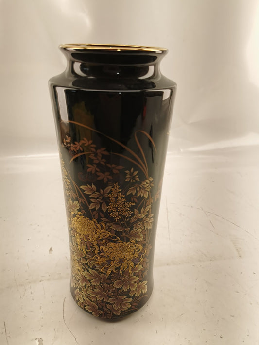 Vintage Shibata Japanese Chrysanthemum Black & Gold Vases 11”