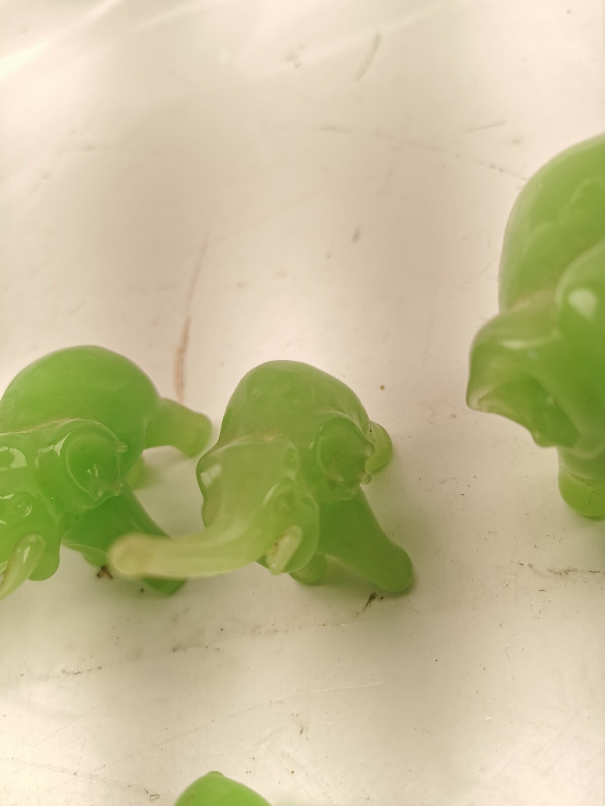 Vintage Green Glass Elephant Group Sculptures Set of 7