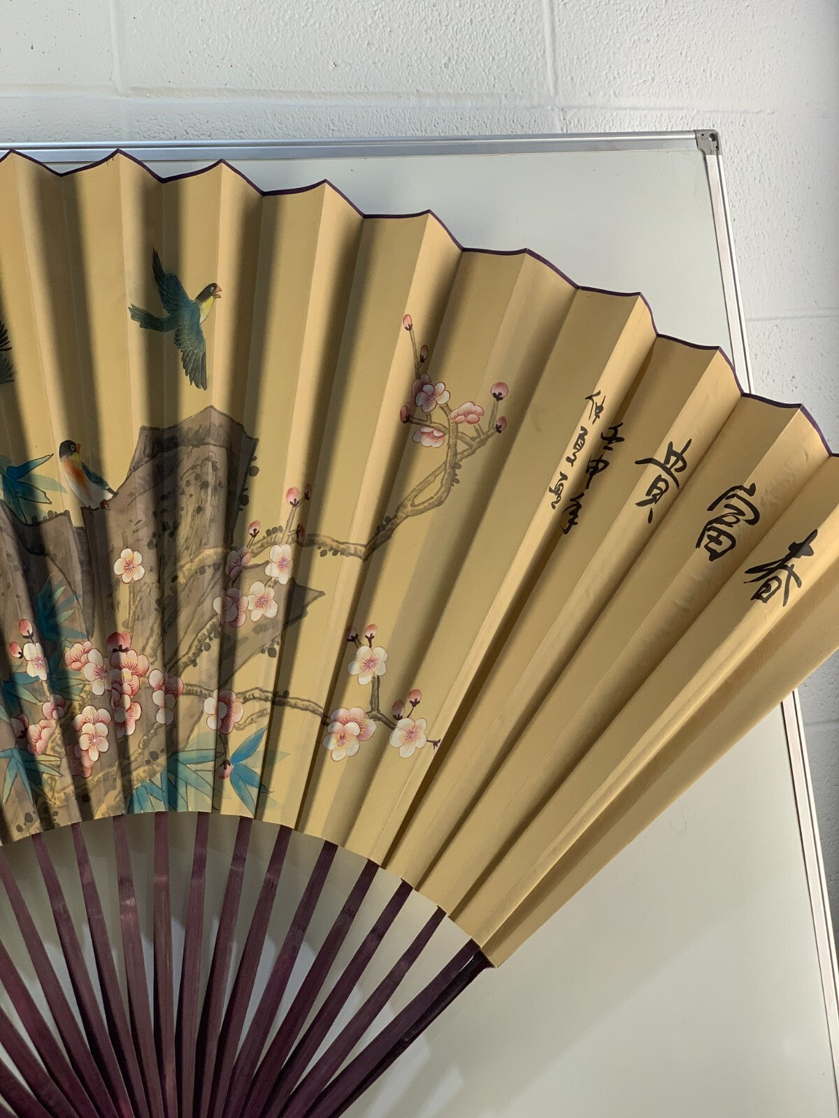 Vintage Large Chinese Wall Art Fan Landscape Birds Plum Blossoms Hand Painted