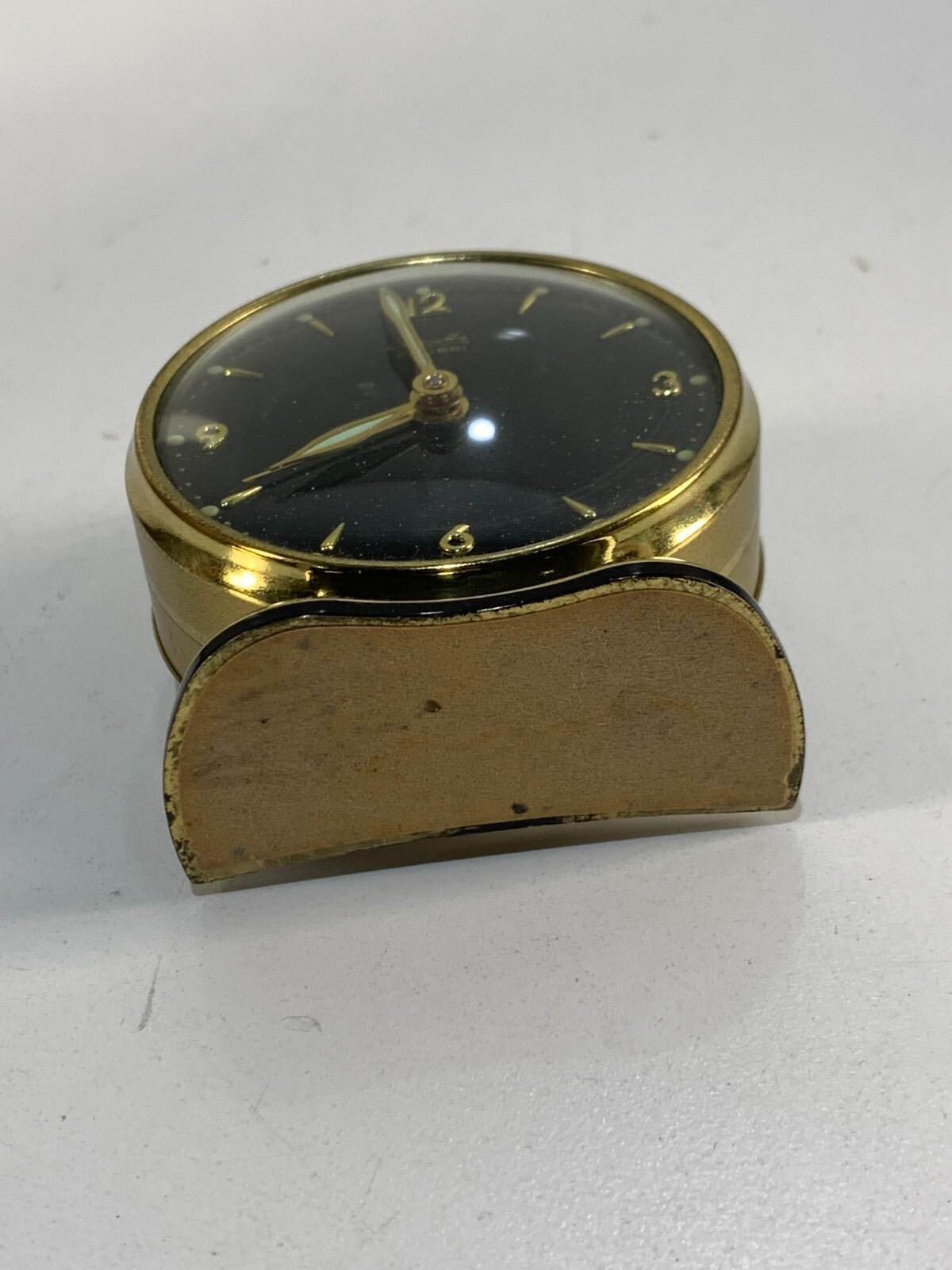 Colibri Mauthe Desk Clock Black Gold Brass Round Germany Wind Up Alarm 60s RARE