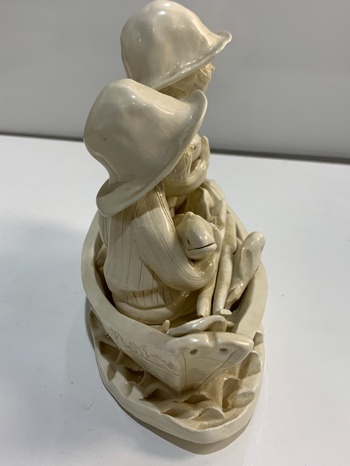 Vntg Novia Scotia Canada Folk Art Pottery Sculpture, Fisherman in Dory w Fish