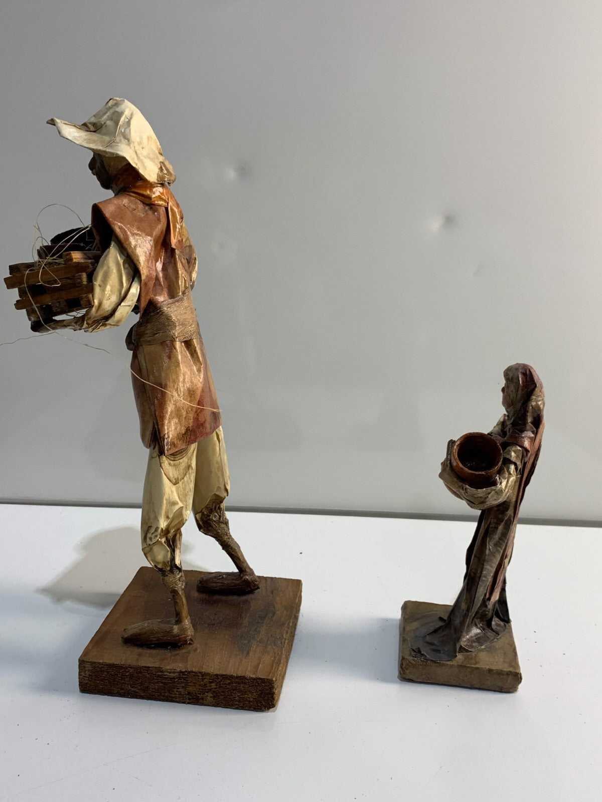 Vintage Mexican Folk Art Paper Mache Man & Woman Figures holding Pottery & Bowls