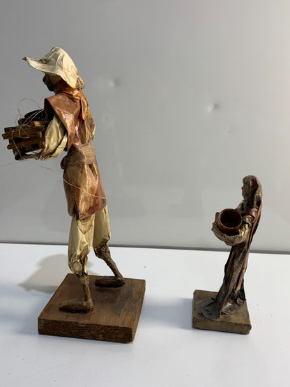 Vintage Mexican Folk Art Paper Mache Man & Woman Figures holding Pottery & Bowls