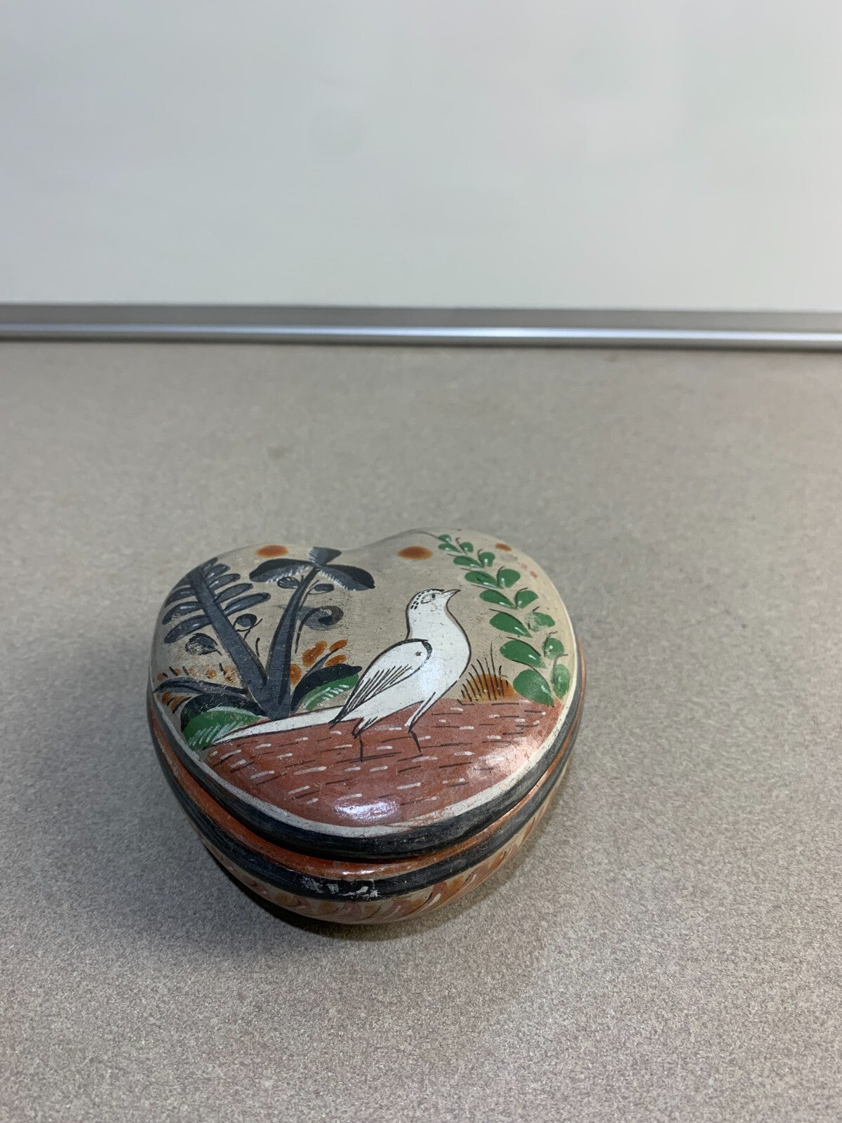 Bird Heart Shape Clay Box Hand Painted Burnished by Medrano Mexican Folk Art