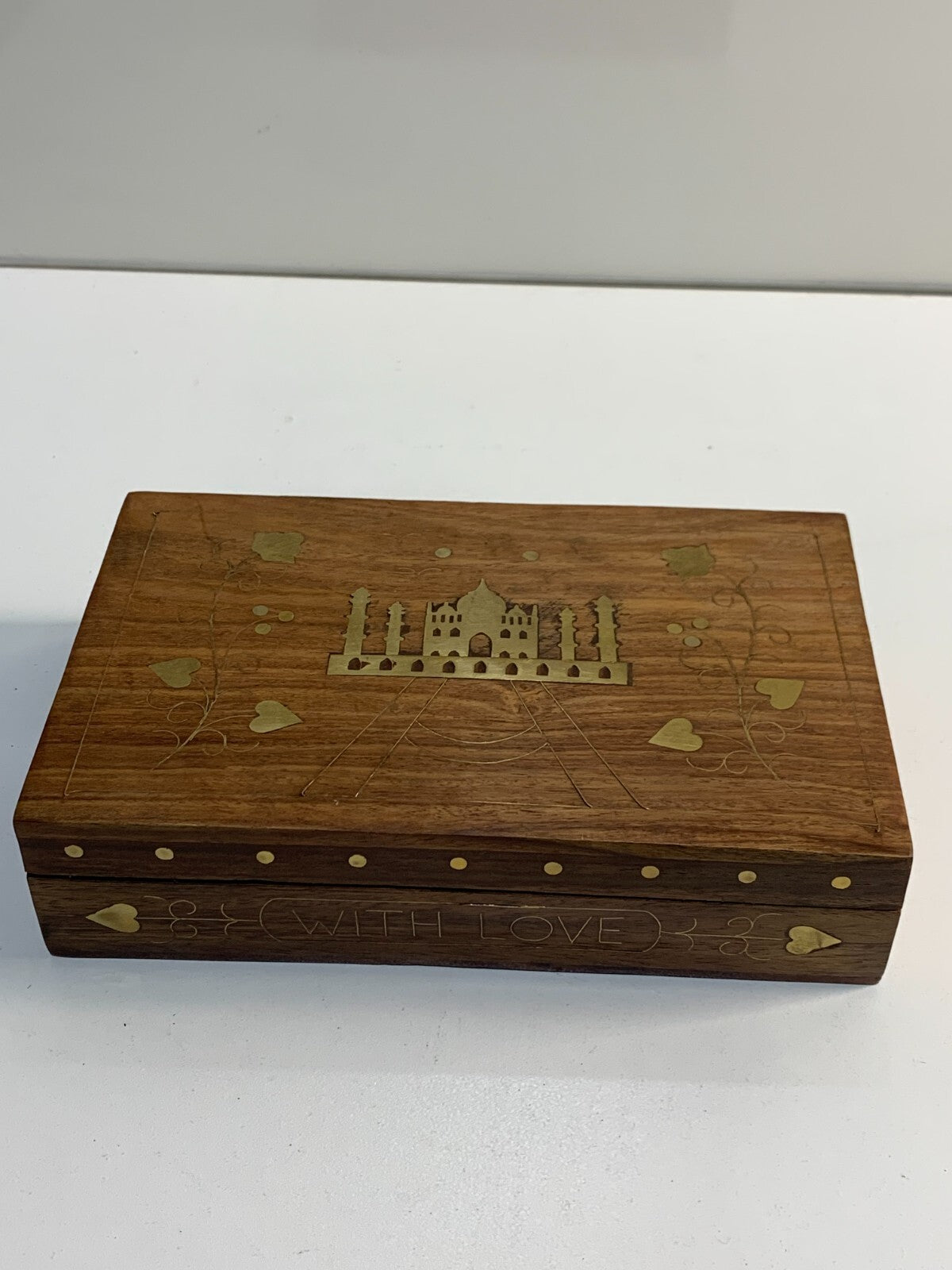 Vintage Carved Wood Jewelry Box with Taj Mahal Gold Inlay
