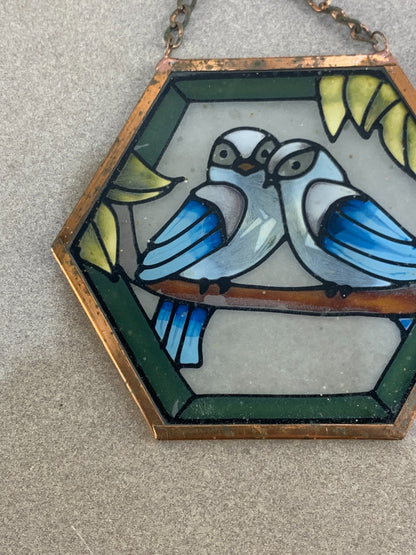 Vintage Octagon Shaped Stained Glass Owls on a Branch Suncatcher