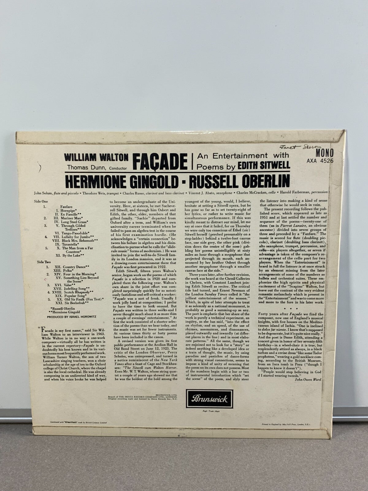 Walton Façade LP Gingold Oberlin Brunswick AXA 4526 UK Mono