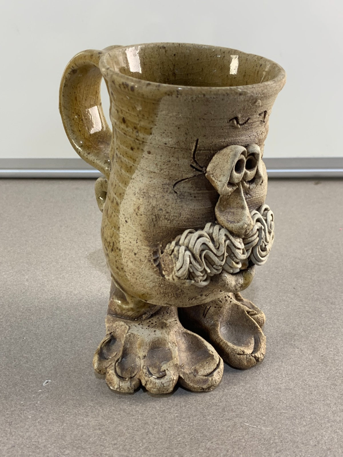 Vintage 1970s Studio Pottery Stoneware Funny Ugly Face Mug with Feet