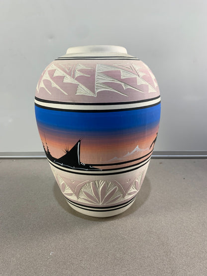 Vintage Etched Pastel Art Pottery Vase Signed S. Dineh Native American Navajo
