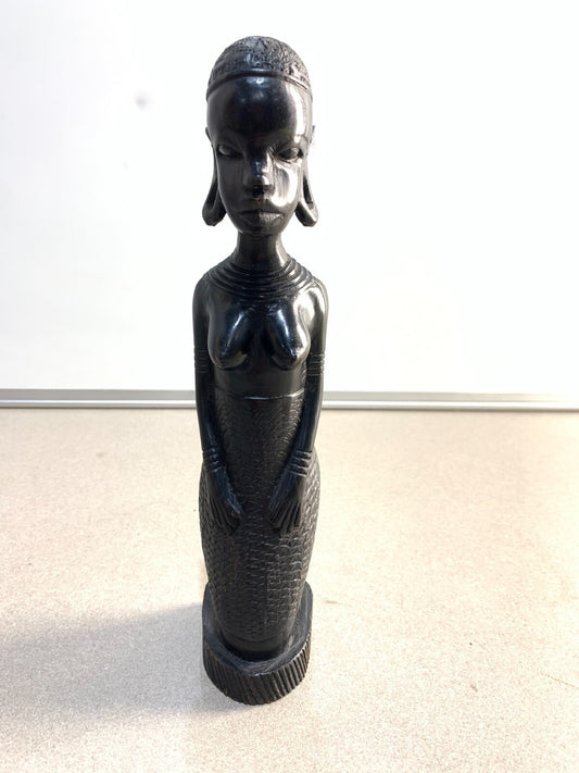 Vintage Kenyan hand carved sculpture of a kneeling African tribal woman