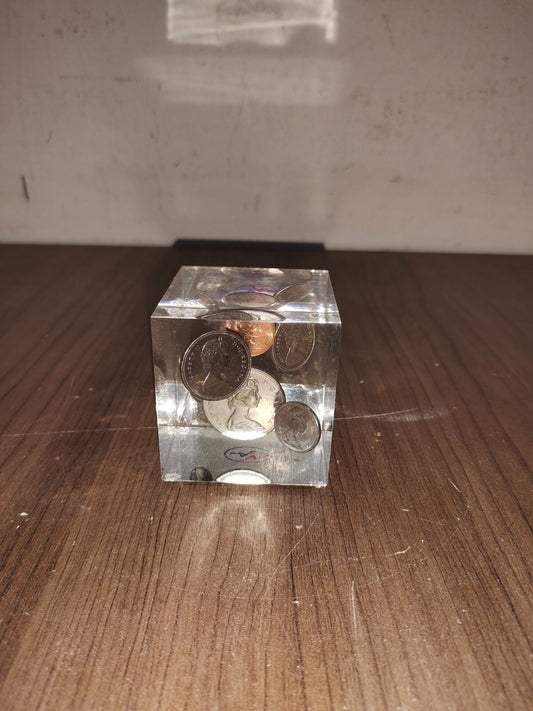 Vintage 1965 Coins Set Cube Paperweight