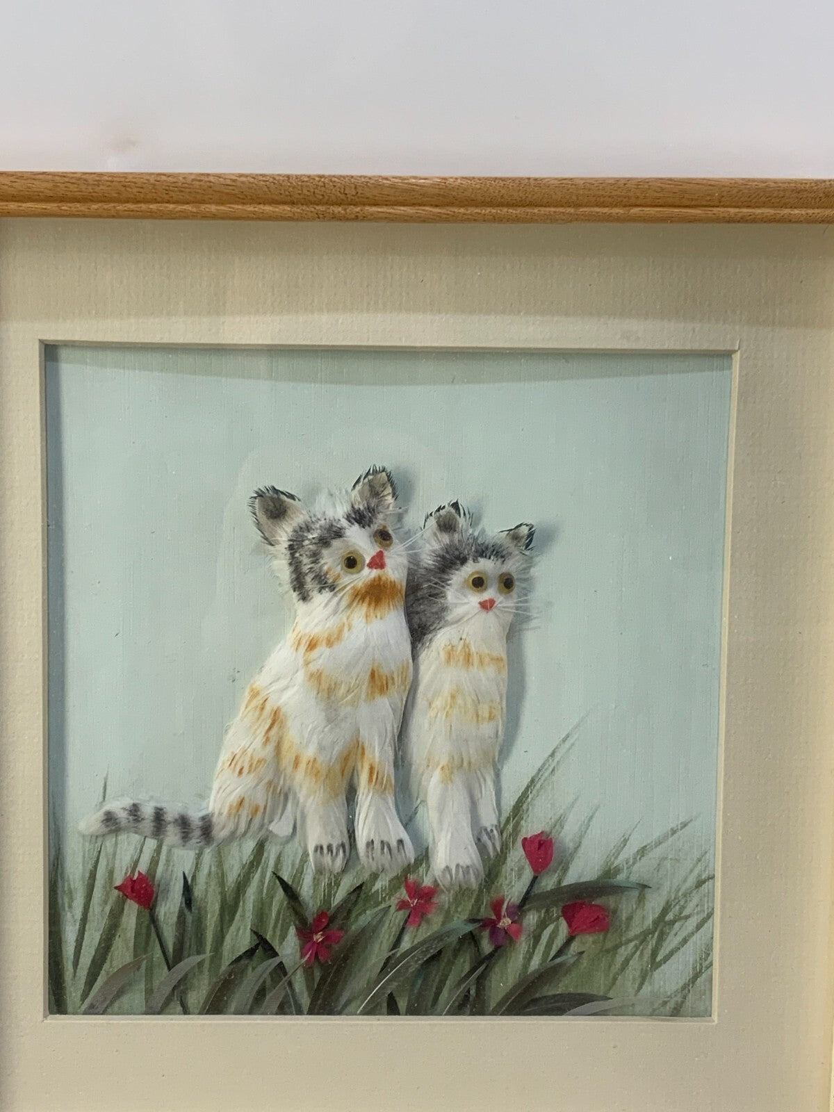 Vintage Feathered Art Cat Kittens 3D Framed Feather Art