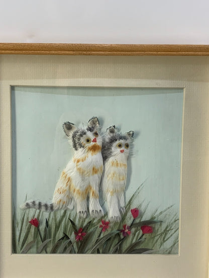 Vintage Feathered Art Cat Kittens 3D Framed Feather Art