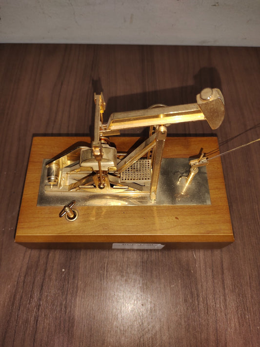 Vintage Crude Oil Pump Music Box Automaton Gilt Gold Pump With Wooden Case
