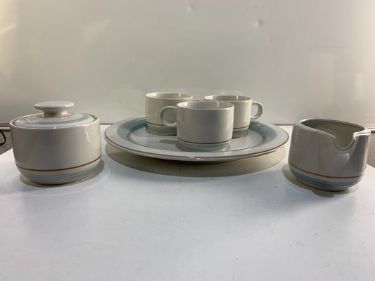 Vintage Genuine Stoneware Country Morn Coffee Cups, Creamer, Sugar Bowl & Plate