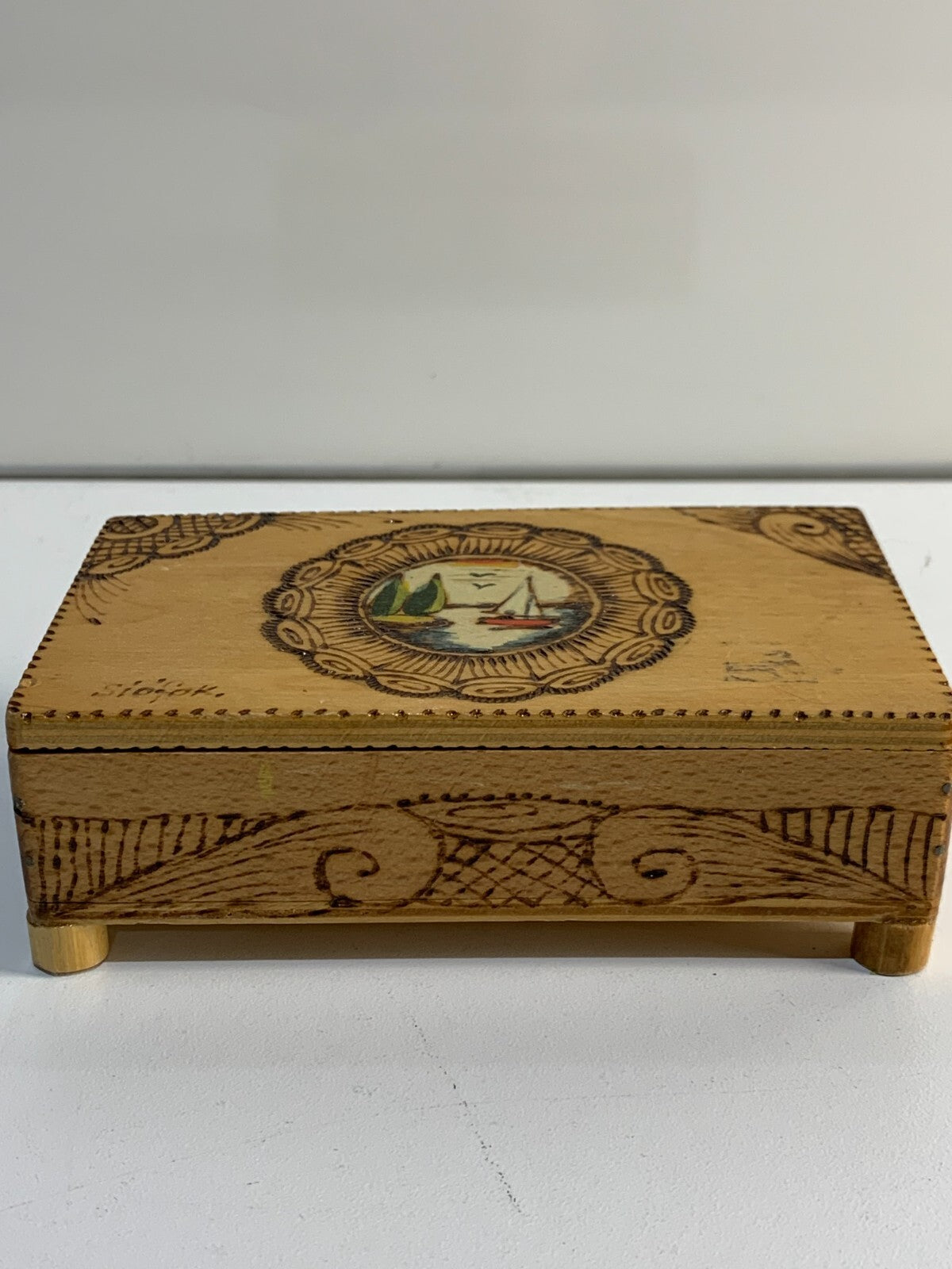 Antique Wooden Box with Hinged Lid, has a beautiful art on top.