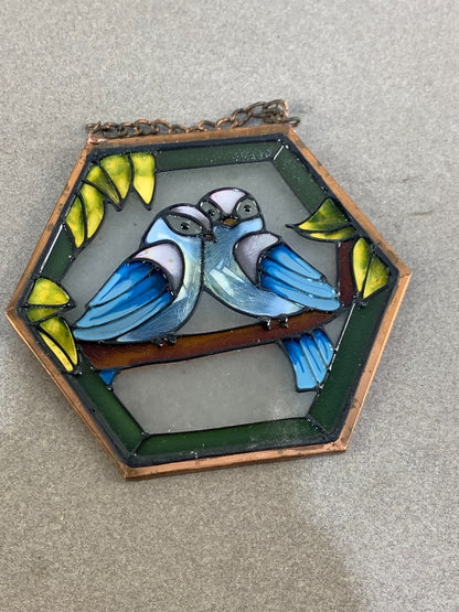 Vintage Octagon Shaped Stained Glass Owls on a Branch Suncatcher