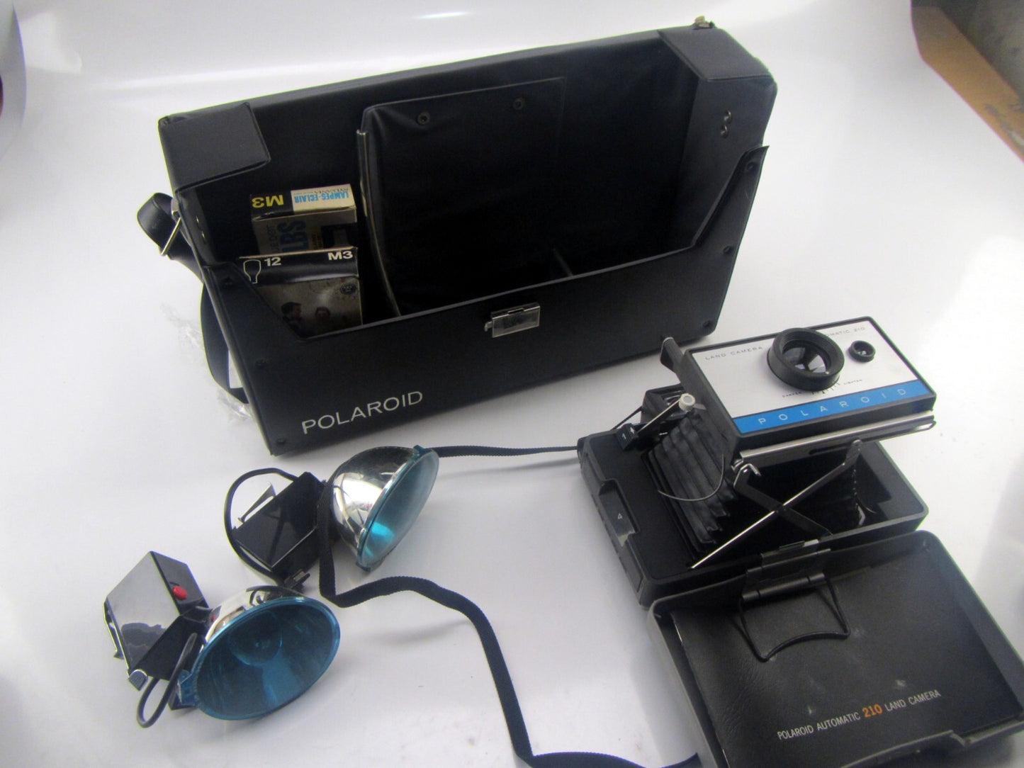 Vintage Polaroid Automatic 210 Land Camera with Case, Strap, Flash - Antique