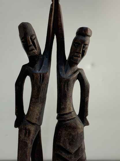 Haitian Wood Carved Figure of Man & Woman 13.5" Tall Vintage Wooden Statue Pair