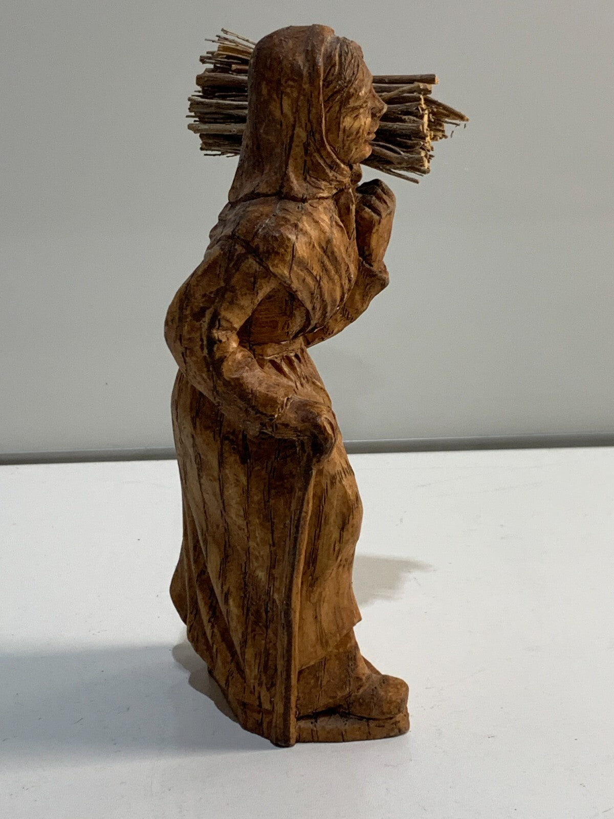 Vintage Black Forest Hand carved wooden Figure of a Old lady carrying firewood