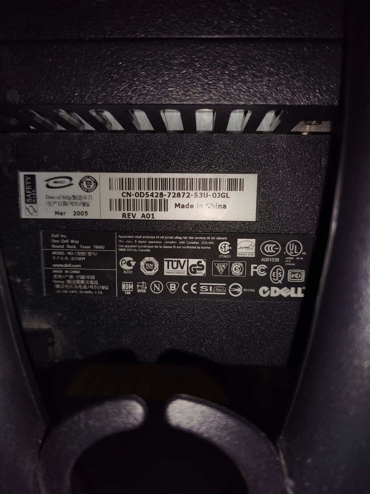 DELL 17" TFT LCD FLAT PANEL MONITOR E173FPF, CHARCOAL GRAY