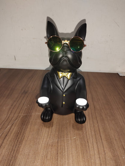 French Bulldog Statue With Good Glasses Resin, Key Tray Bank, Black - New In Box