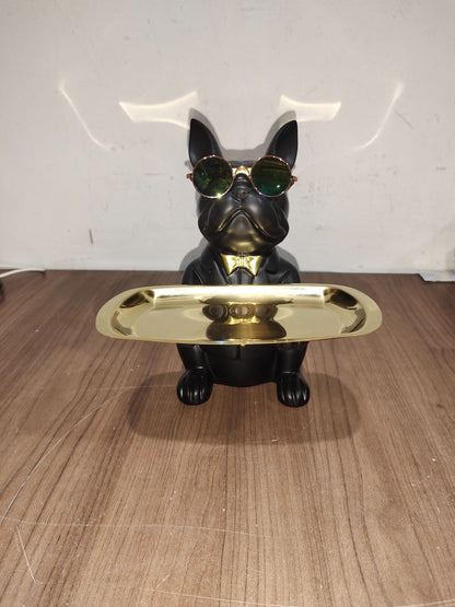 French Bulldog Statue With Good Glasses Resin, Key Tray Bank, Black - New In Box