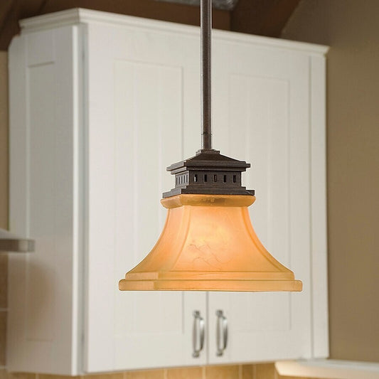 allen + roth Tannery Bronze Traditional Etched Glass Bell Mini Hanging LIght