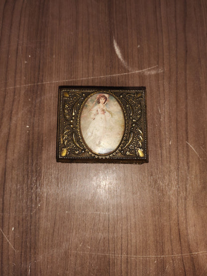 Vintage Ornate Metal Cameo Brass Trinket Jewelry Box  Red Velvet Lined